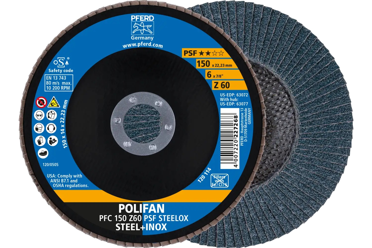 Picture of Pferd Flap Disc, 6" x 7/8, Z PSF Steelox, 60 Grit, T29, Conical, Zirconia